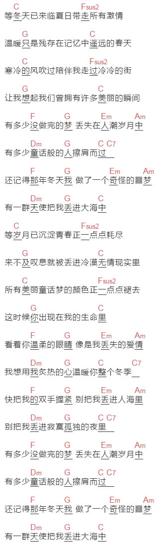 不死咸鱼《记忆中遥远的春天》吉他谱C调和弦谱(txt)1