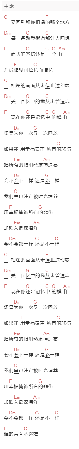 小来哥《谁的青春不迷茫》吉他谱C调和弦谱(txt)1