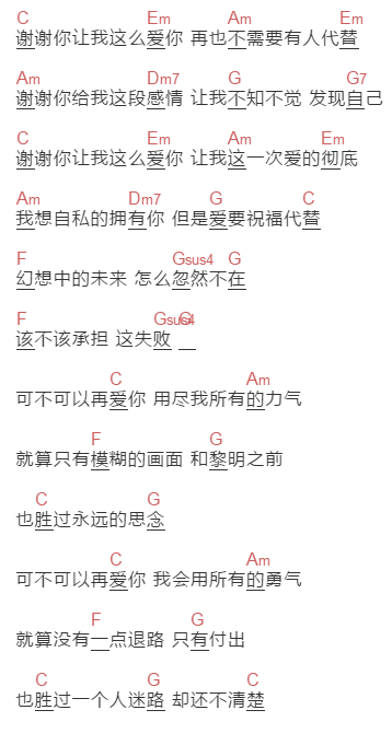 柯以敏《谢谢你让我这么爱你》吉他谱C调和弦谱(txt)1