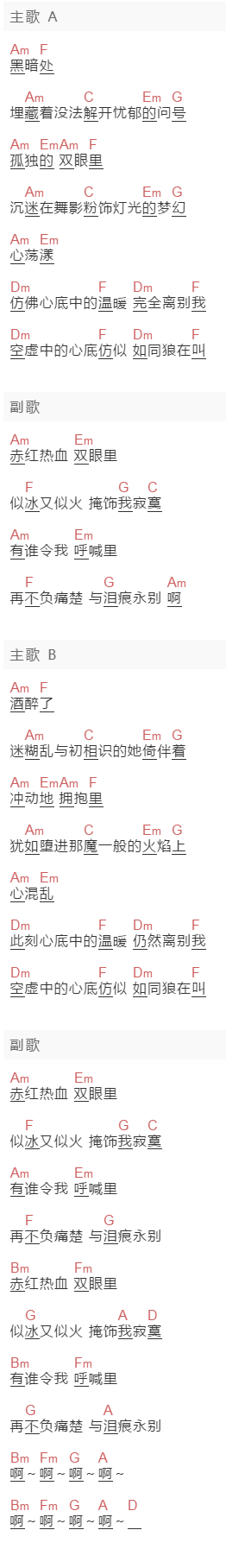 Beyond《赤红热血》吉他谱C调和弦谱(txt)1
