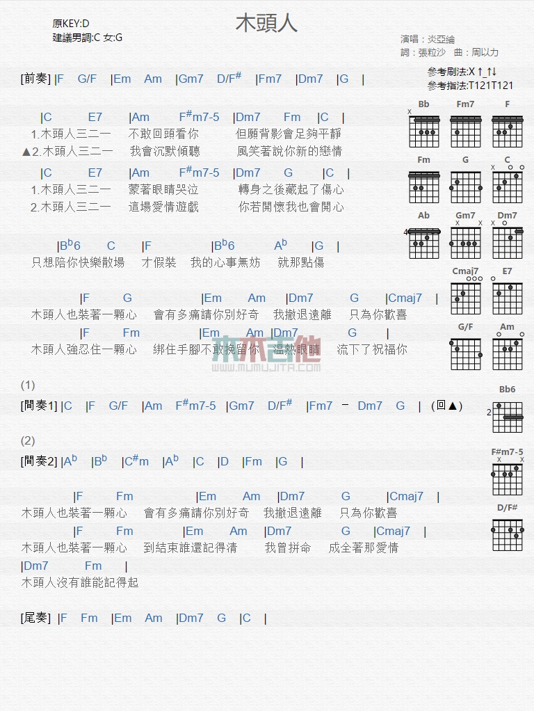炎亚伦《木头人》吉他谱C调和弦谱(txt)1