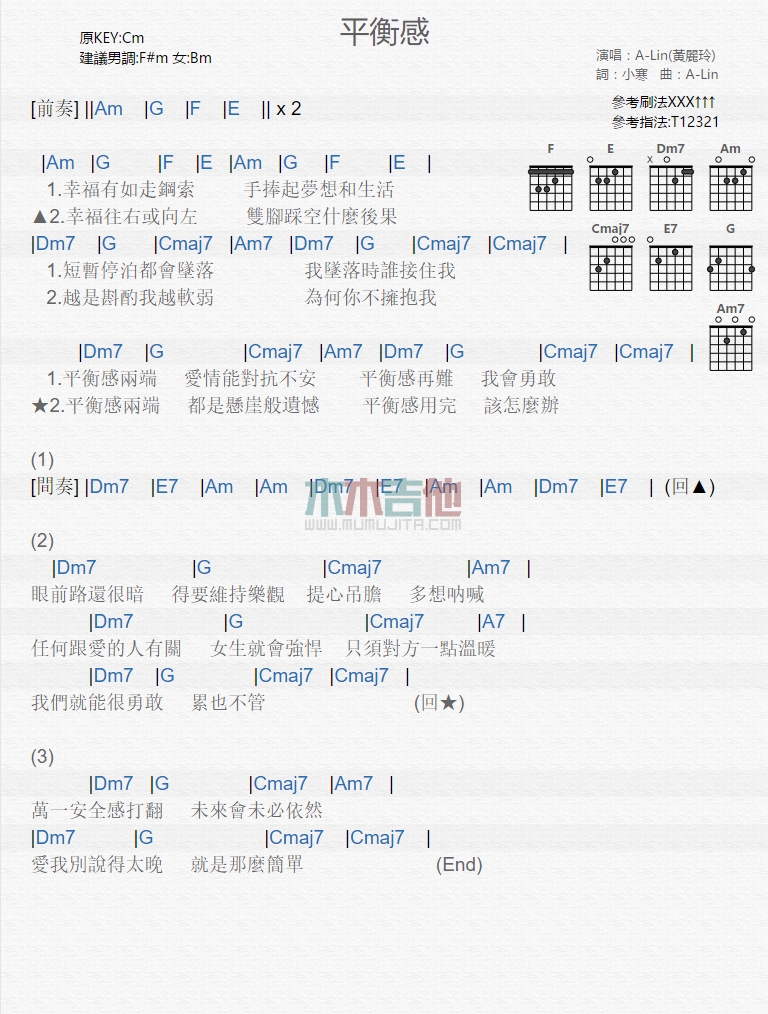 黄丽玲《平衡感》吉他谱C调和弦谱(txt)1
