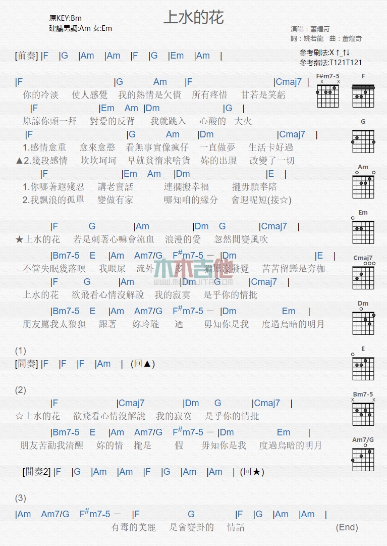 萧煌奇《上水的花》吉他谱B调和弦谱(txt)1