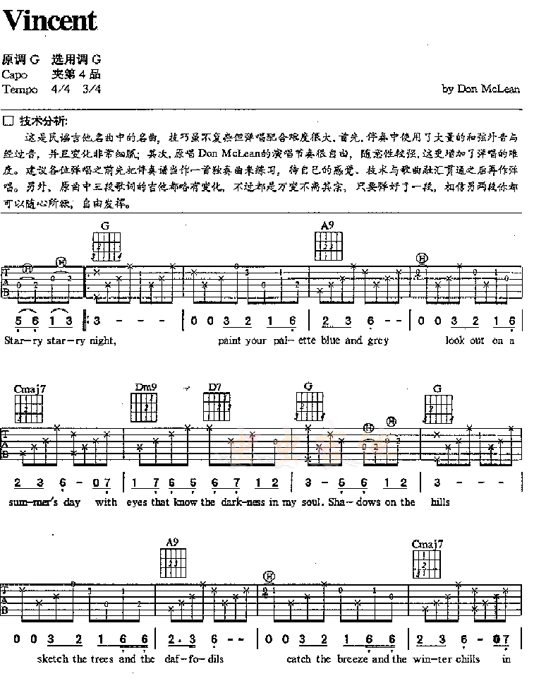 Nicson《Vicent》吉他谱G调六线谱(图)1