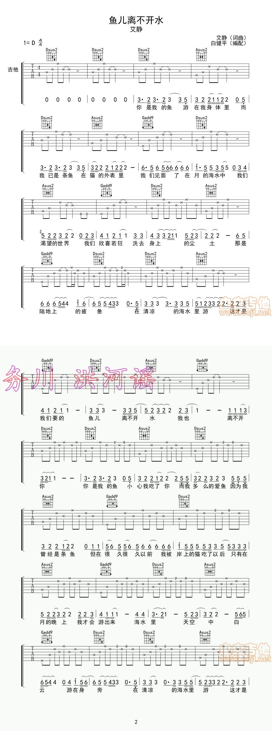 艾敬《鱼儿离不开水》吉他谱D调六线谱(图)1