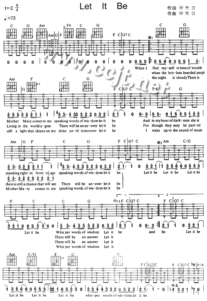 欧美经典《LetItBe》吉他谱C调六线谱(图)1