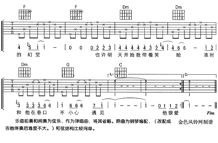 孙燕姿《面对男生的房间》吉他谱C调六线谱(图)1