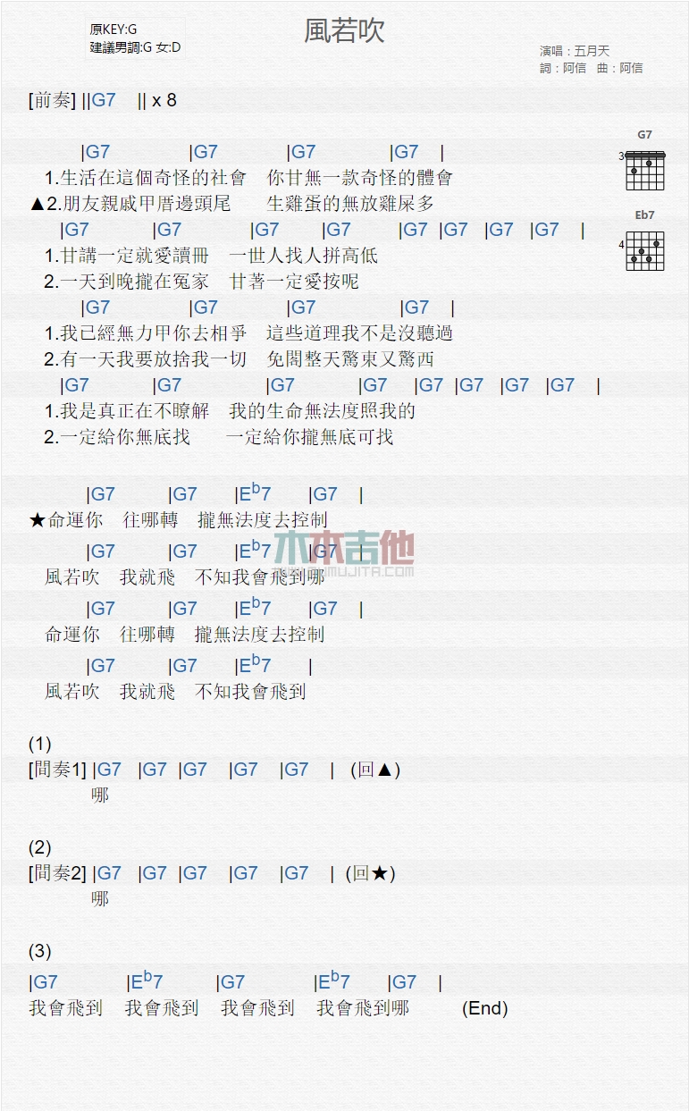 五月天《风若吹》吉他谱G调和弦谱(txt)1