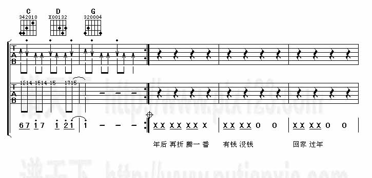 王宝强《有钱没钱回家过年》吉他谱G调六线谱(图)1