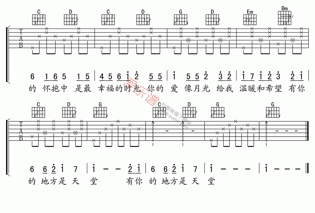 王羚柔《有你的地方就是天堂》吉他谱G调六线谱(图)1
