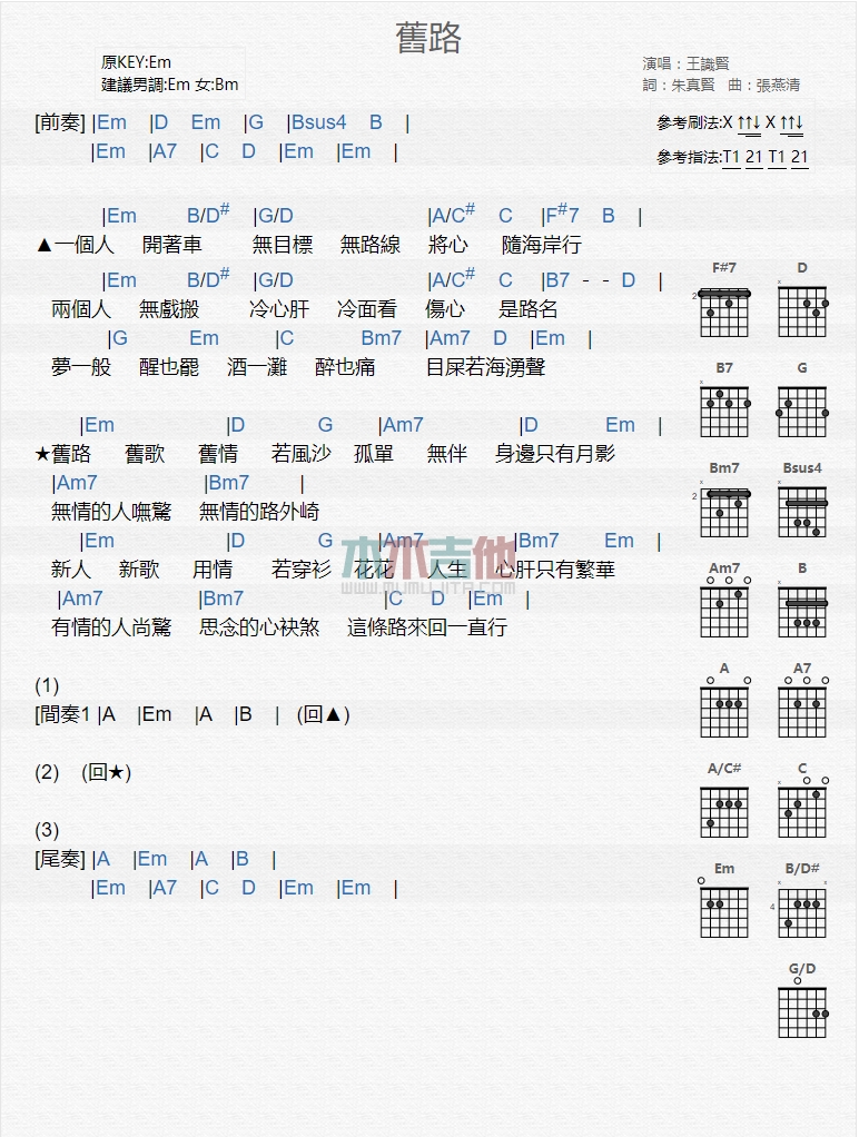 王识贤《旧路》吉他谱C调和弦谱(txt)1