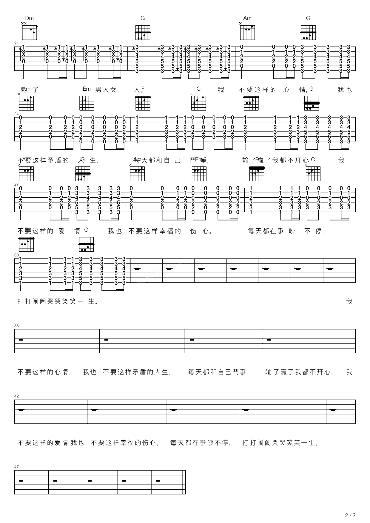 阿民《我不要这样的心情》吉他谱C调六线谱(图)1