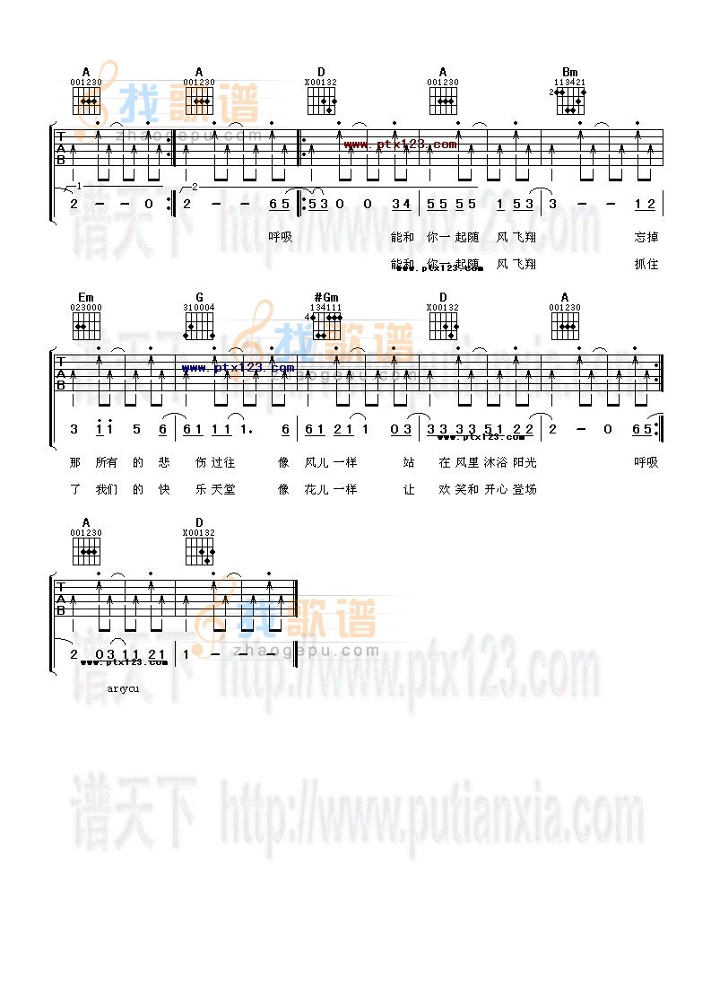 金海心《呼吸·爱》吉他谱D调六线谱(图)1