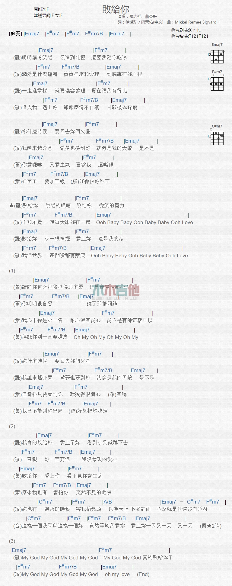 罗志祥《败给你》吉他谱F调和弦谱(txt)1