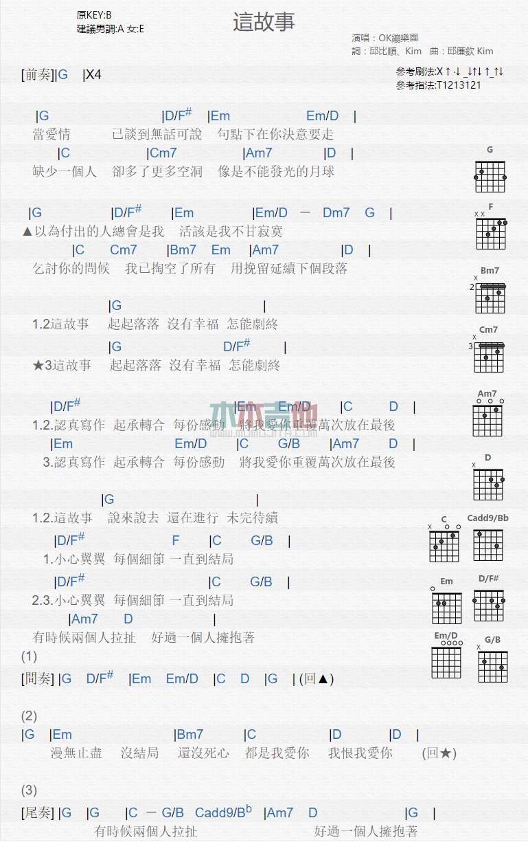 OK绷《这故事》吉他谱B调和弦谱(txt)1