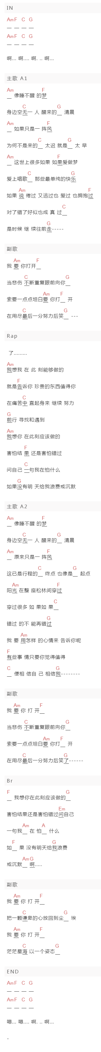黄霄云《打开》吉他谱C调和弦谱(txt)1