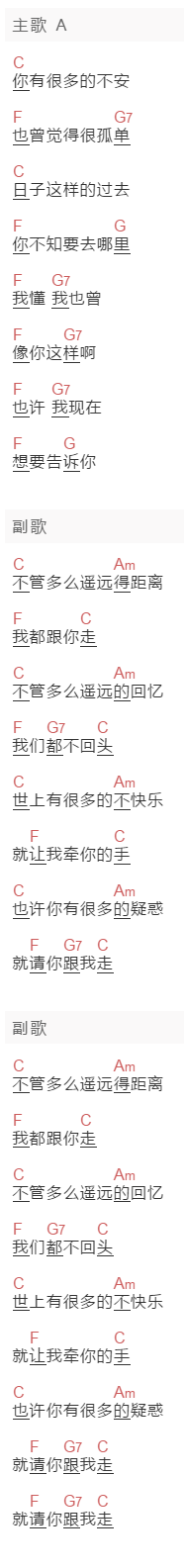 程璧《我都跟你走》吉他谱C调和弦谱(txt)1