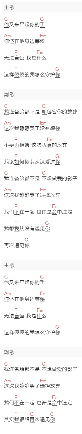 杨政宇《我连备胎都不是》吉他谱C调和弦谱(txt)1