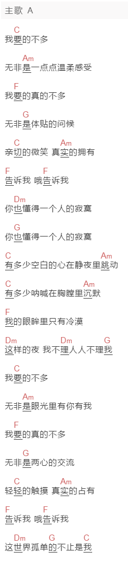 马兆骏《我要的不多》吉他谱C调和弦谱(txt)1