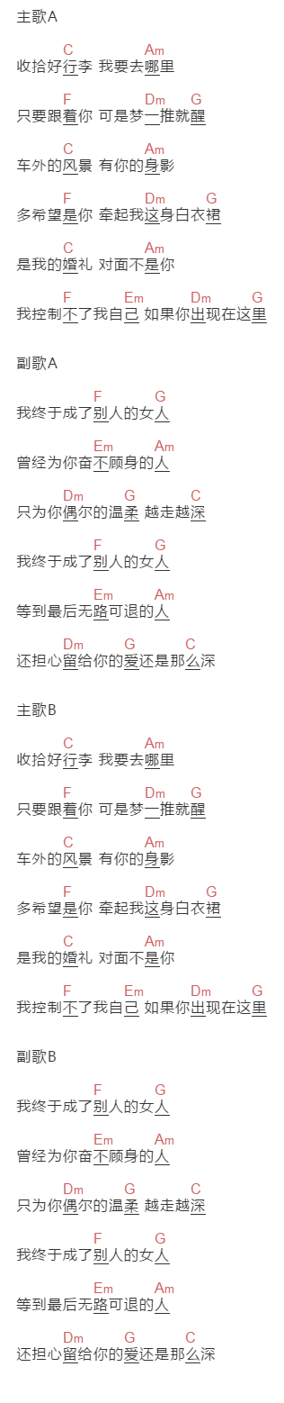薛之谦《我终于成了别人的女人》吉他谱C调和弦谱(txt)1