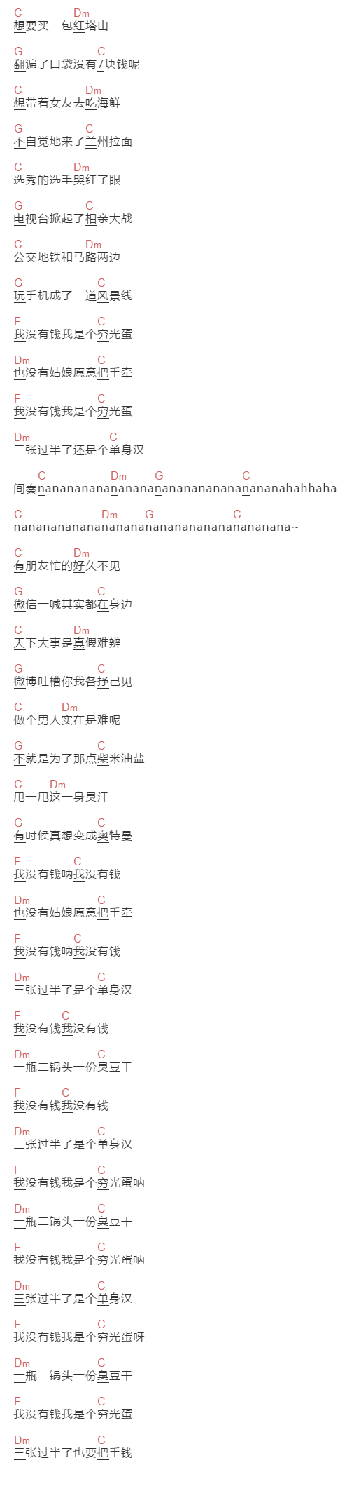 烟嗓大叔《我没有钱》吉他谱C调和弦谱(txt)1