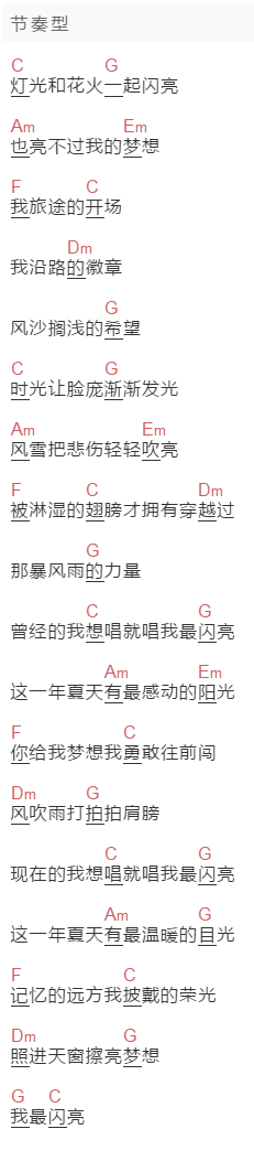 0713《我最闪亮》吉他谱C调和弦谱(txt)1
