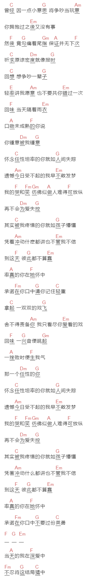 卫兰《我怀念的你》吉他谱C调和弦谱(txt)1