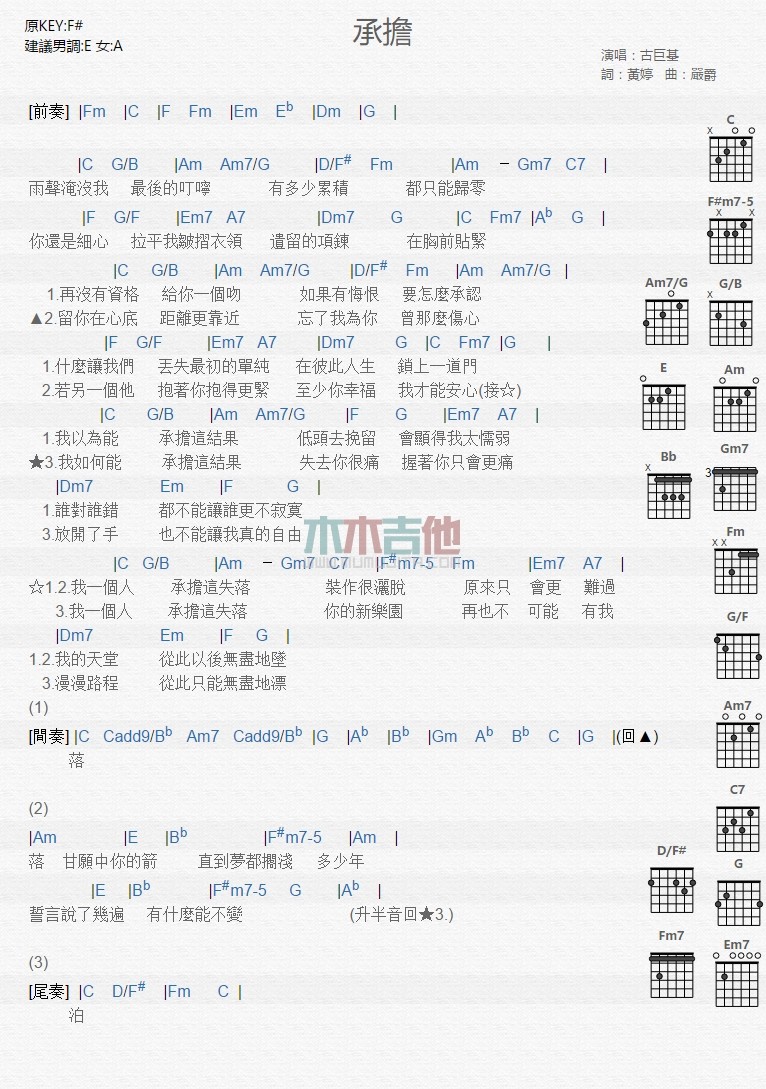 古巨基《承担》吉他谱C调六线谱(图)1