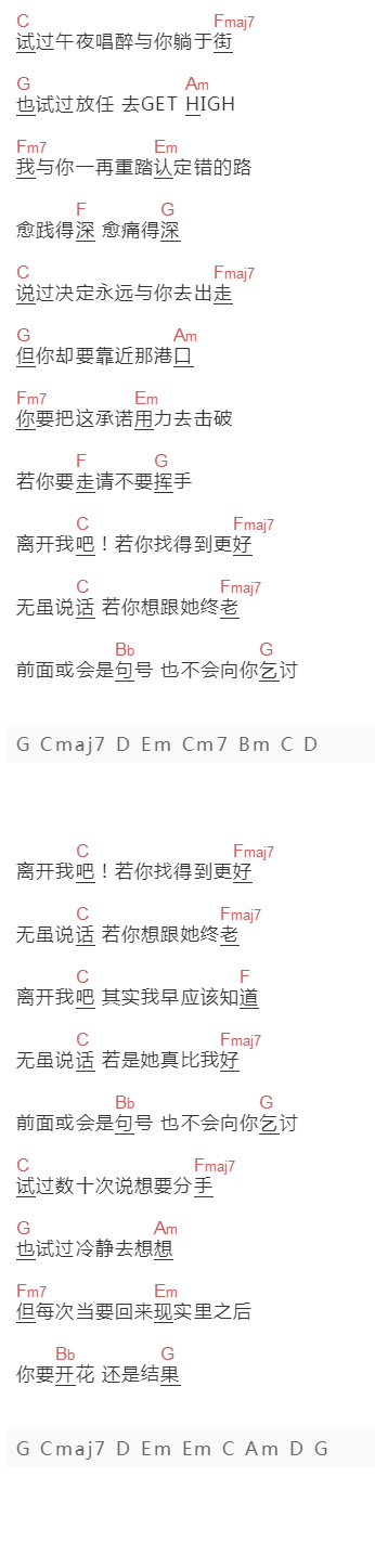 黄贯中《离开我吧》吉他谱C调和弦谱(txt)1