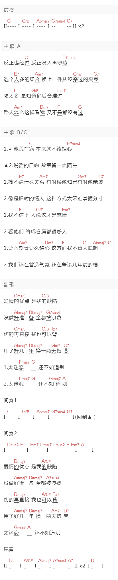 李荣浩《优点》吉他谱C调和弦谱(txt)1