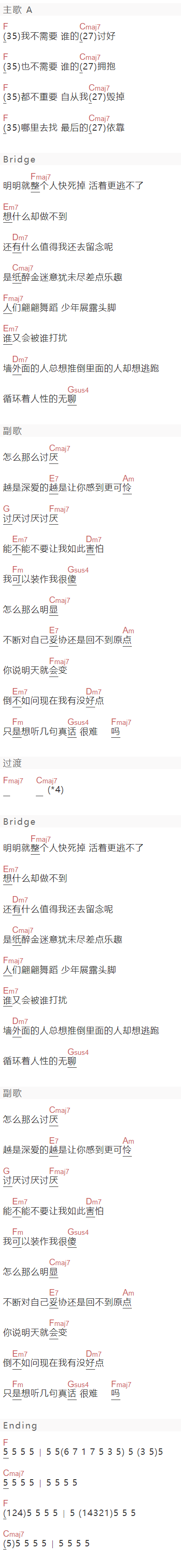 Fine乐团《我不需要》吉他谱C调和弦谱(txt)1
