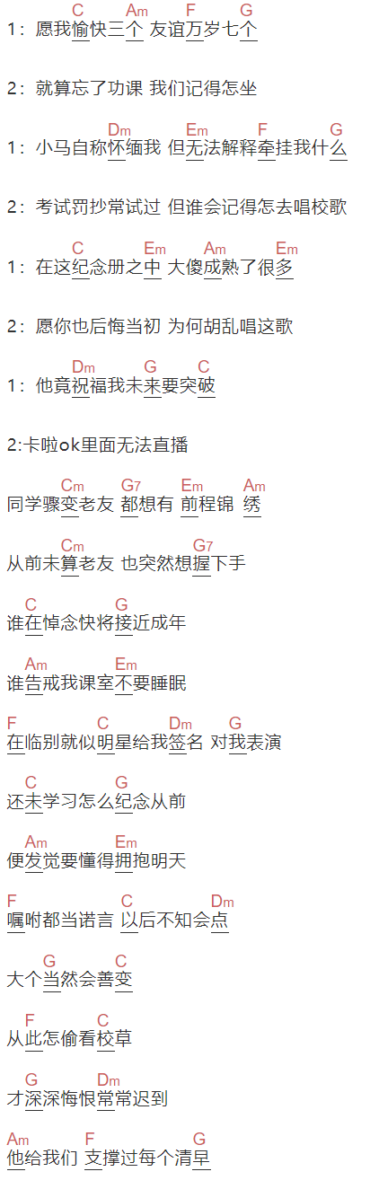 Twins《我们的纪念册》吉他谱C调和弦谱(txt)1