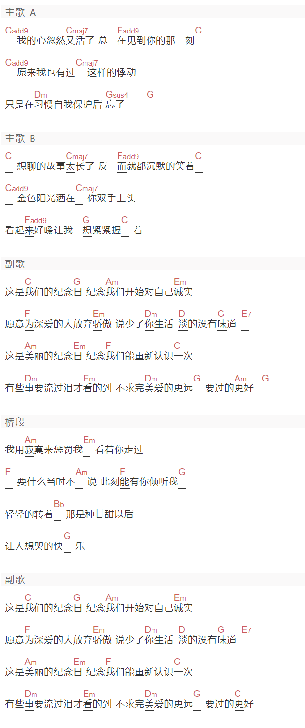 范玮琪《我们的纪念日》吉他谱C调和弦谱(txt)1