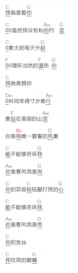 满江《你是春风我是雨》吉他谱C调和弦谱(txt)1