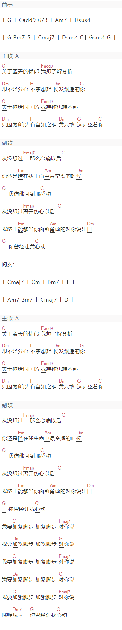 谢和弦《你曾经让我心动》吉他谱C调和弦谱(txt)1