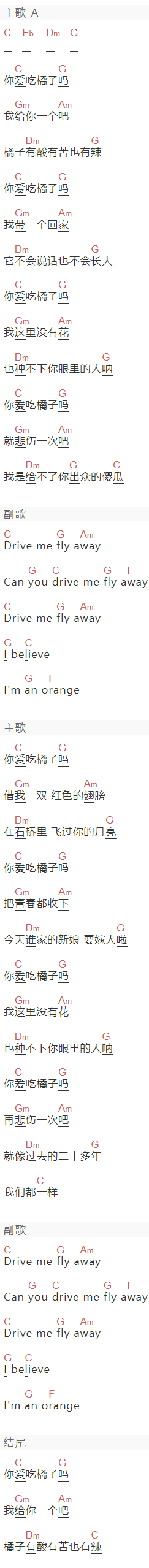 棉布工坊《你爱吃橘子吗》吉他谱C调和弦谱(txt)1
