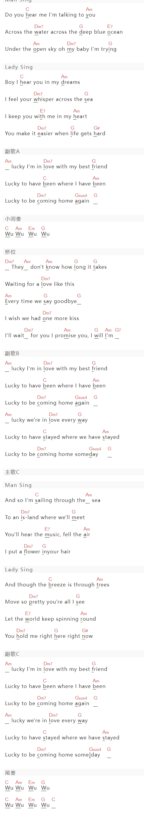 Jason Mraz《lucky》吉他谱C调和弦谱(txt)1