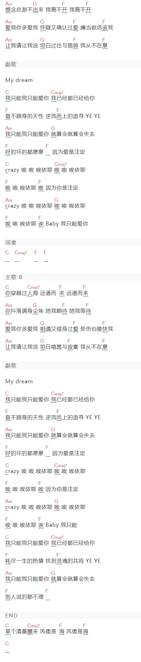 彭席彦《我只能爱你》吉他谱C调和弦谱(txt)1