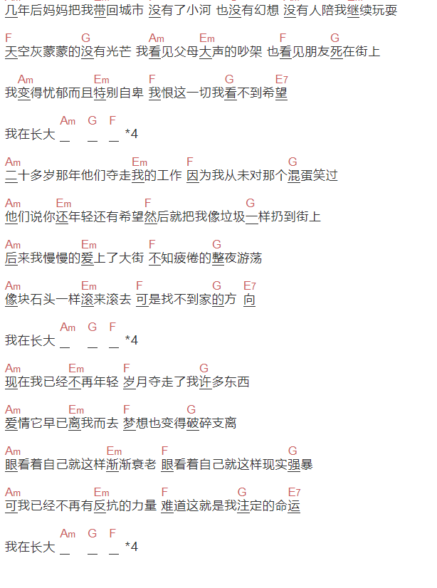 汪峰《我在长大》吉他谱C调和弦谱(txt)1