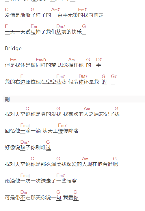 潘玮柏《我对天空说》吉他谱C调和弦谱(txt)1