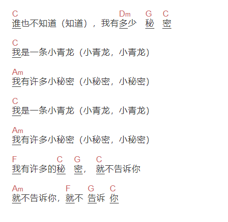 关峡《我是一条小青龙》吉他谱C调和弦谱(txt)1