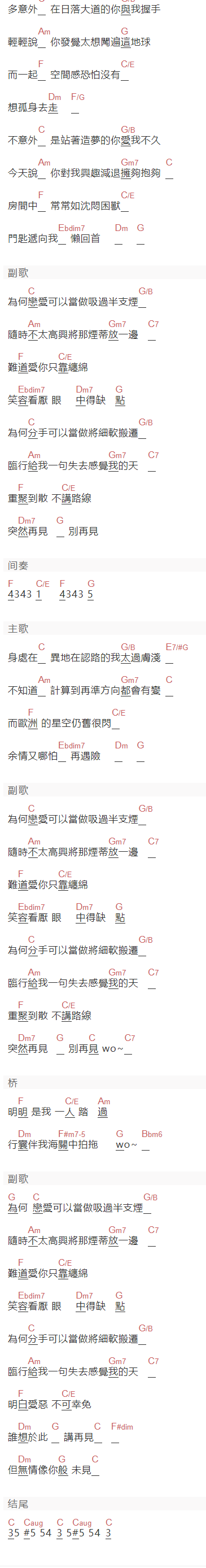 张敬轩《我的天》吉他谱C调和弦谱(txt)1