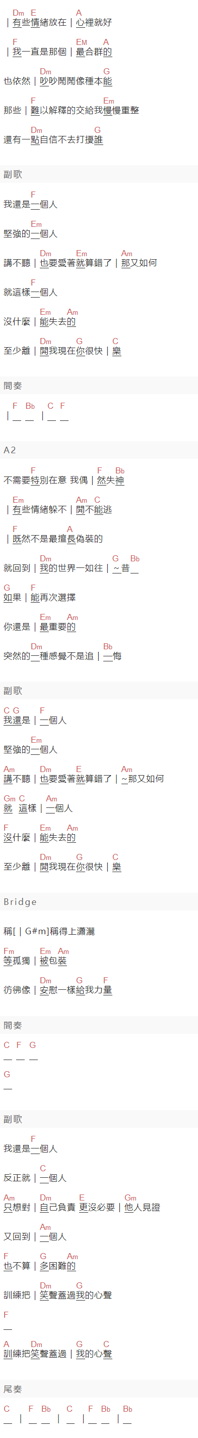 黃偉晉《我还是一个人》吉他谱C调和弦谱(txt)1