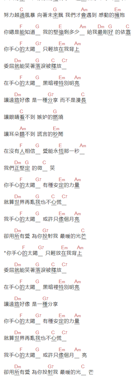 張韶涵《手心的太阳》吉他谱C调和弦谱(txt)1
