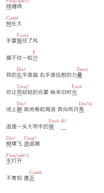 陈绮贞《手的预言》吉他谱C调和弦谱(txt)1