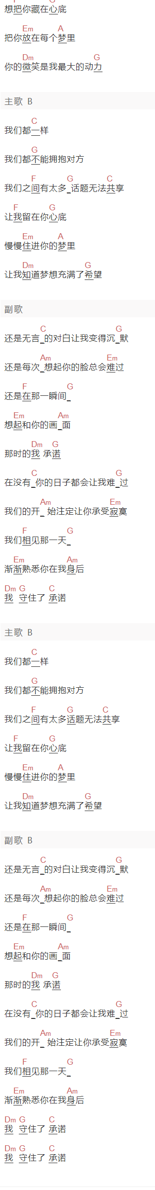 陈翔《承诺》吉他谱C调和弦谱(txt)1