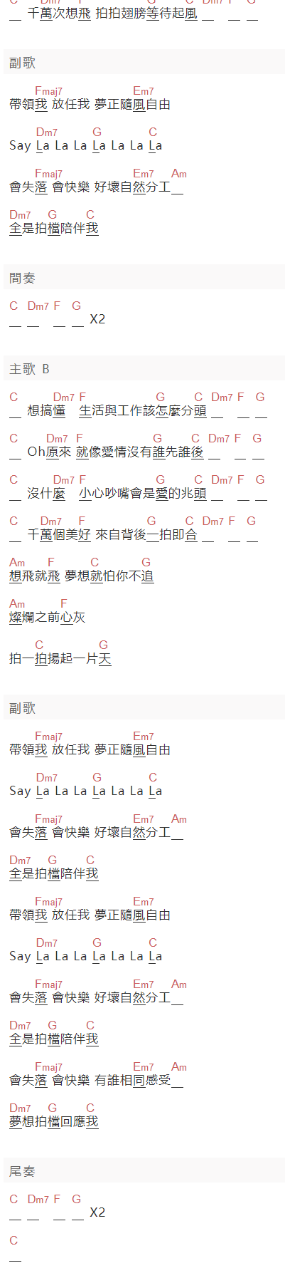 郭靜《拍档》吉他谱C调和弦谱(txt)1