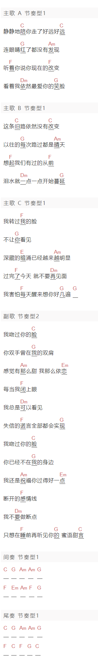 张敬轩《断电》吉他谱C调和弦谱(txt)1