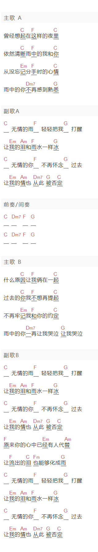 齐秦《无情的你无情的雨》吉他谱C调和弦谱(txt)1
