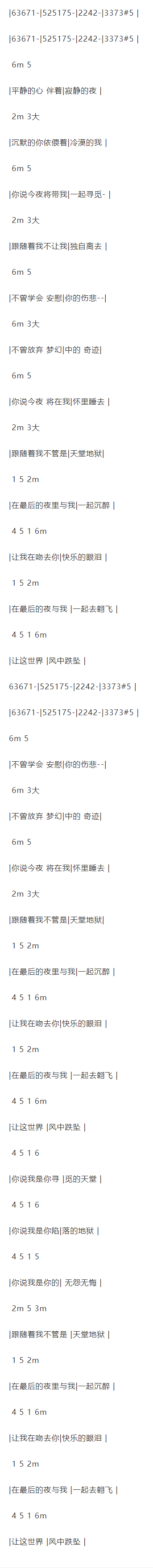 田震《最后的夜》吉他谱C调和弦谱(txt)1
